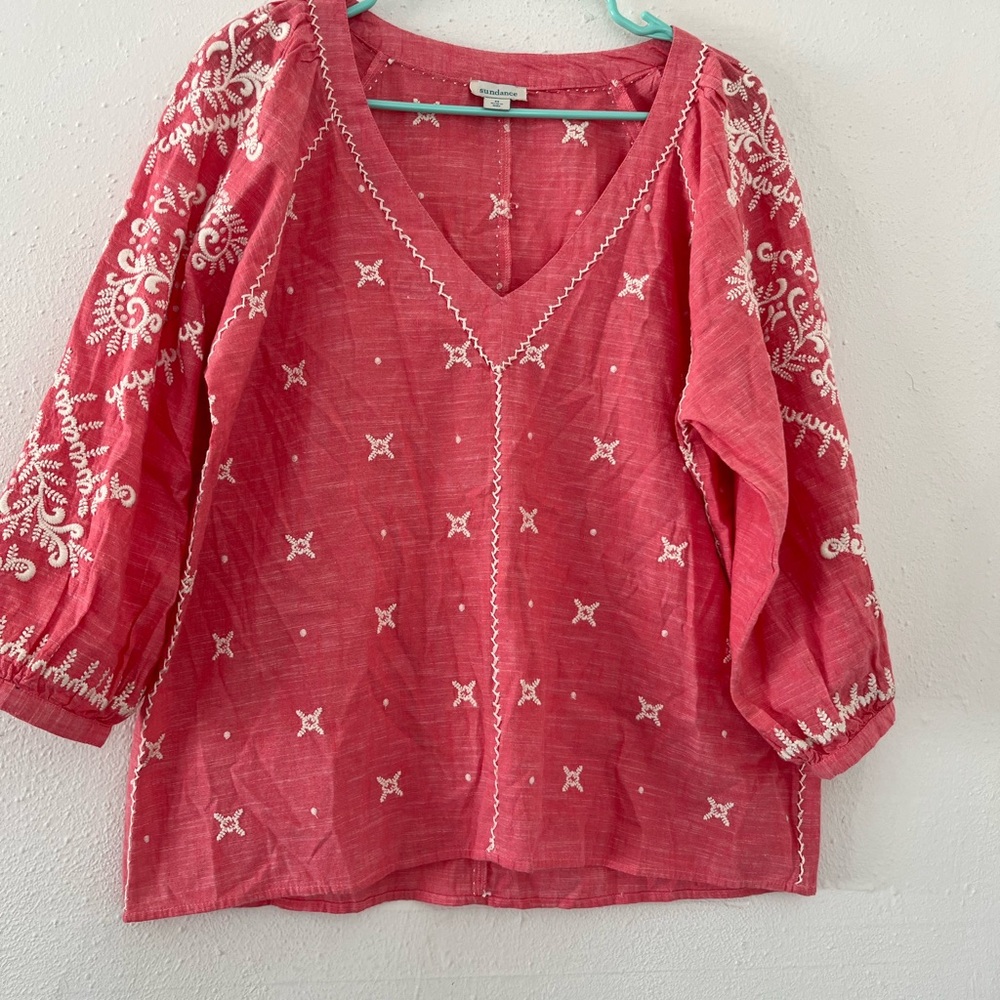 Sundance Pink Embroidered V-Neck Cotton Tunic